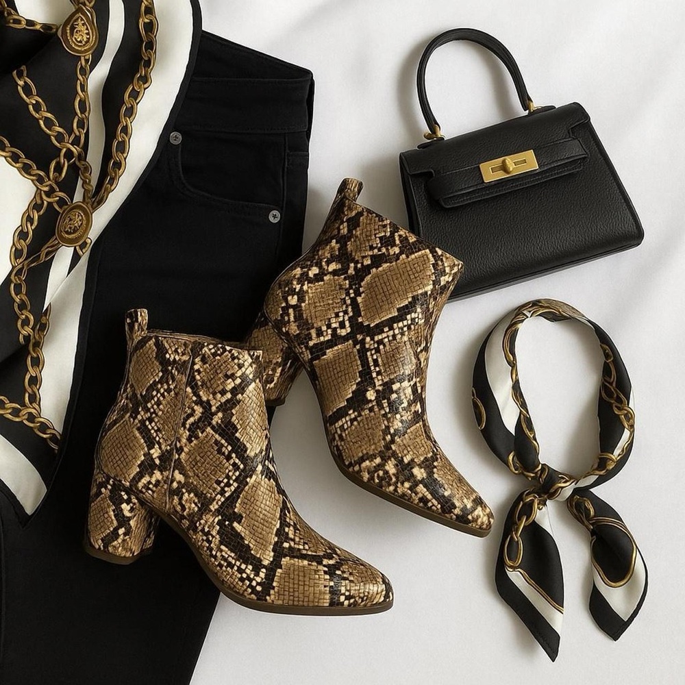 Snake Print Block Heel Ankle Boots – Size 7.5 🤎